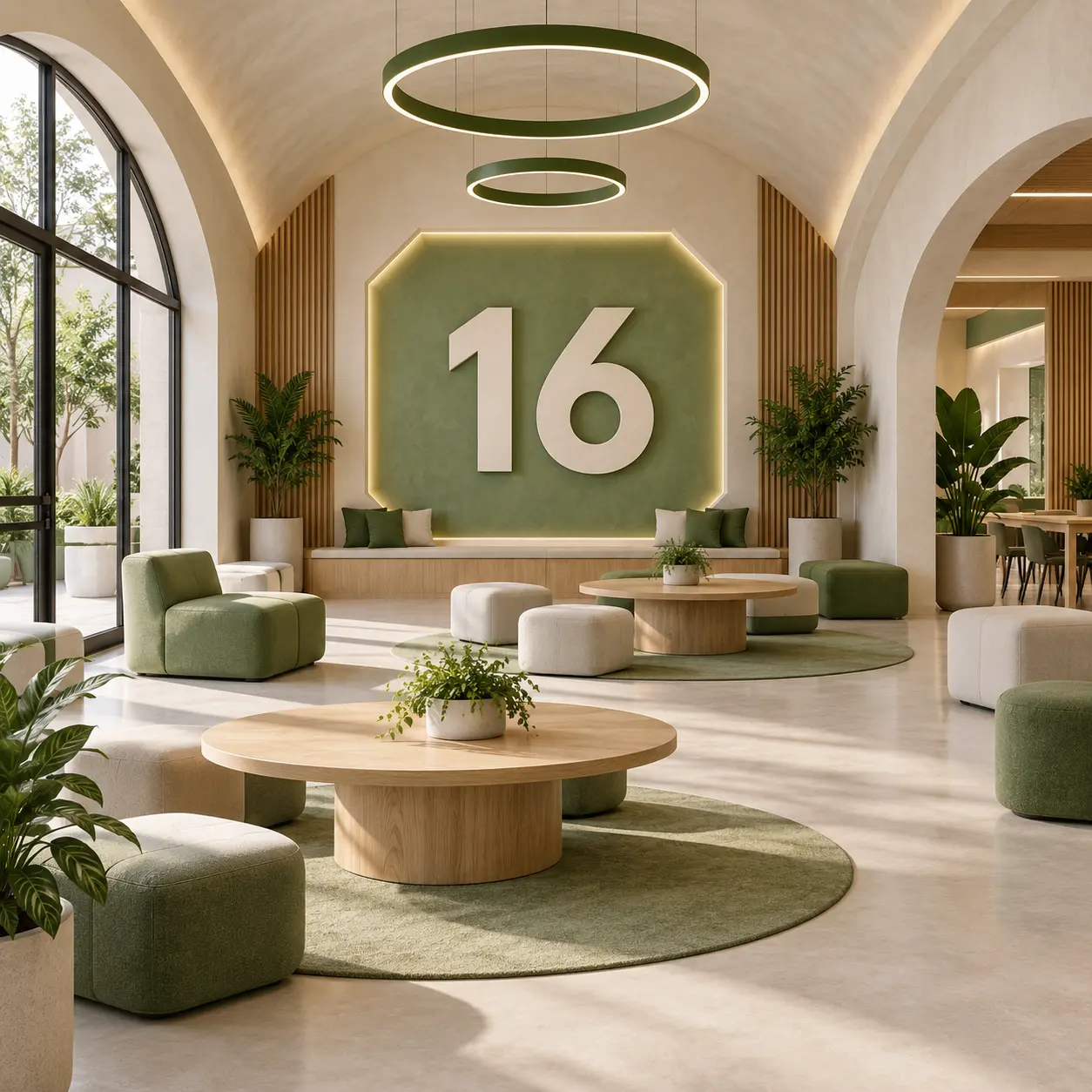 Multipurpose campus interior with a large 16 numeral.