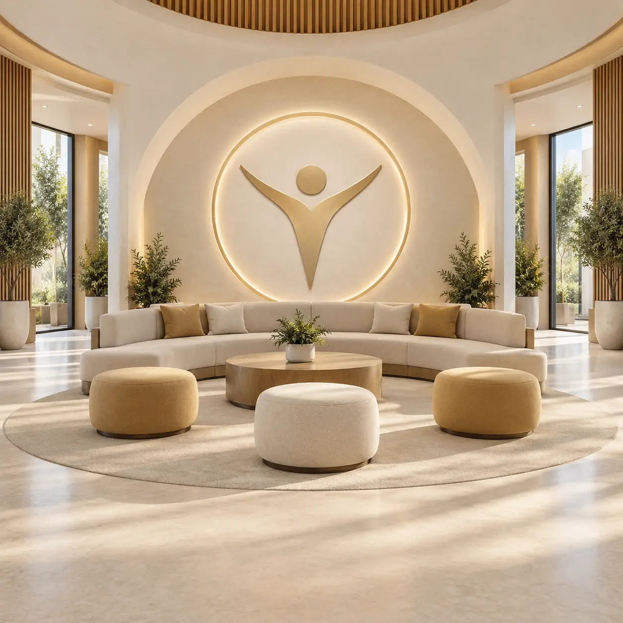 Human I House concept interior with a central identifying emblem.