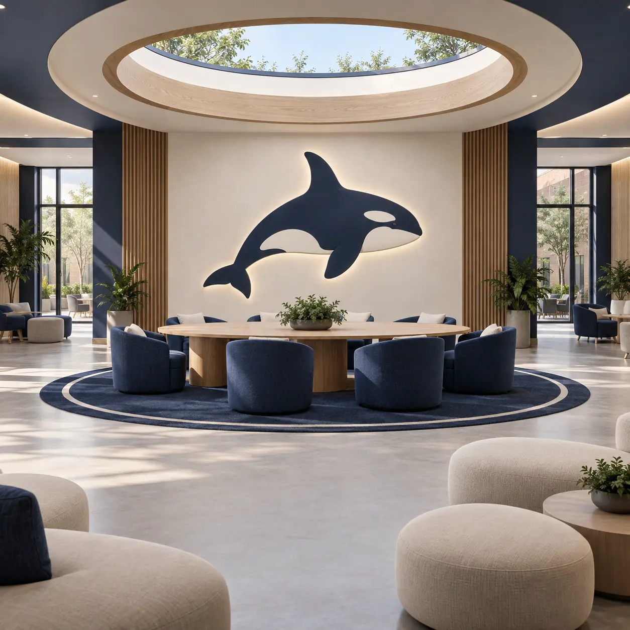 Orca House concept interior with a central identifying emblem.
