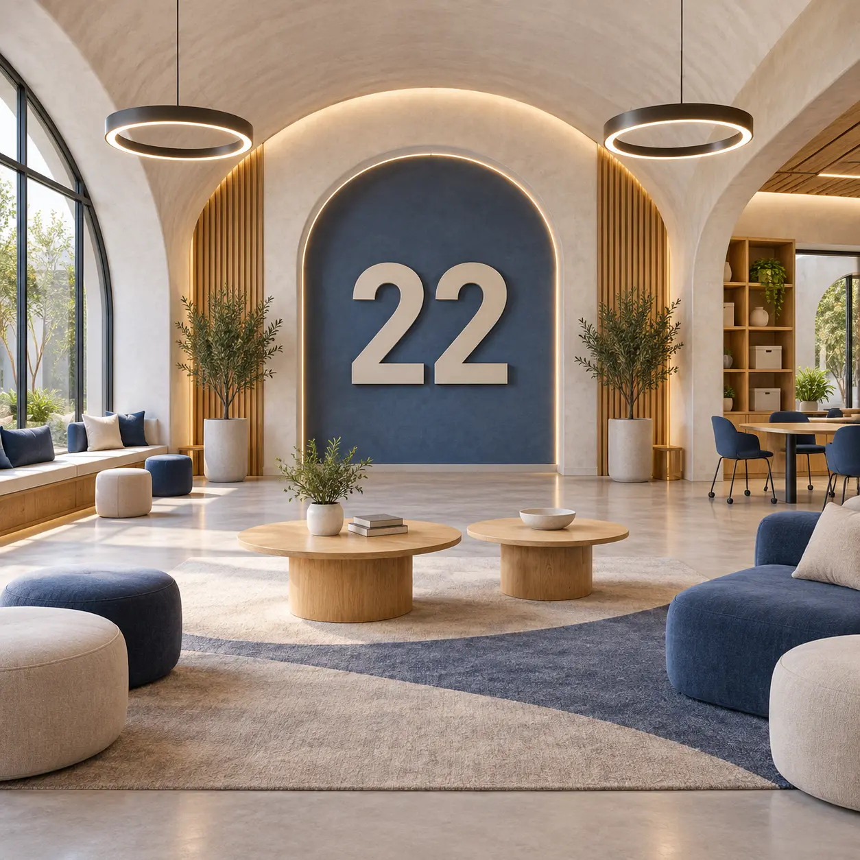 Multipurpose campus interior with a large 22 numeral.