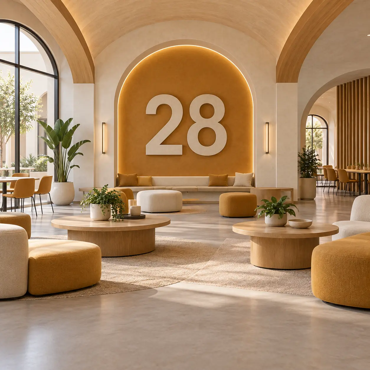 Multipurpose campus interior with a large 28 numeral.