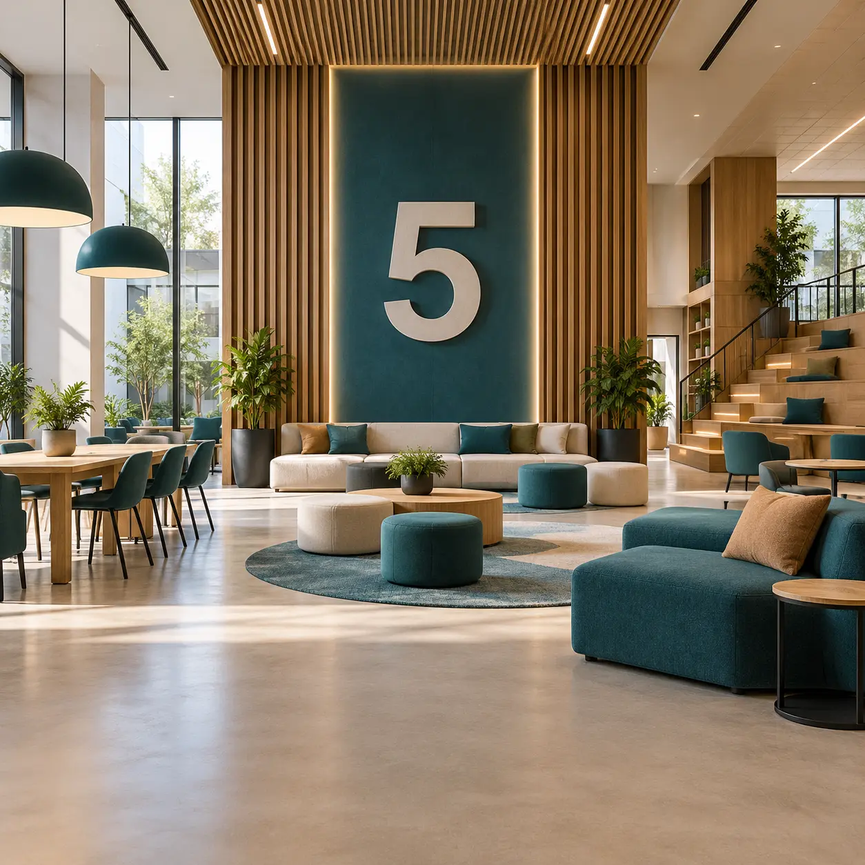 Multipurpose campus interior with a large 5 numeral.