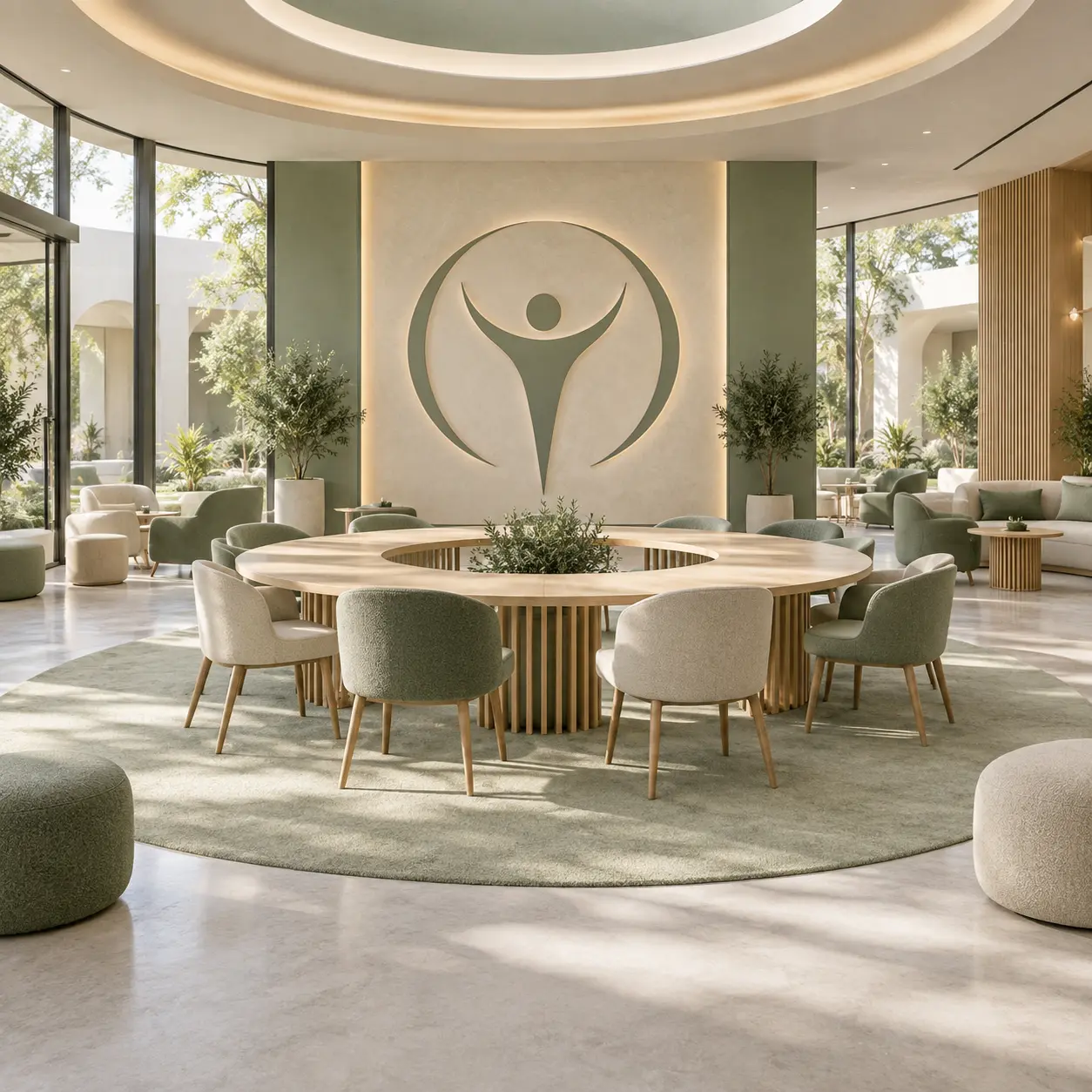Human XII House concept interior with a central identifying emblem.