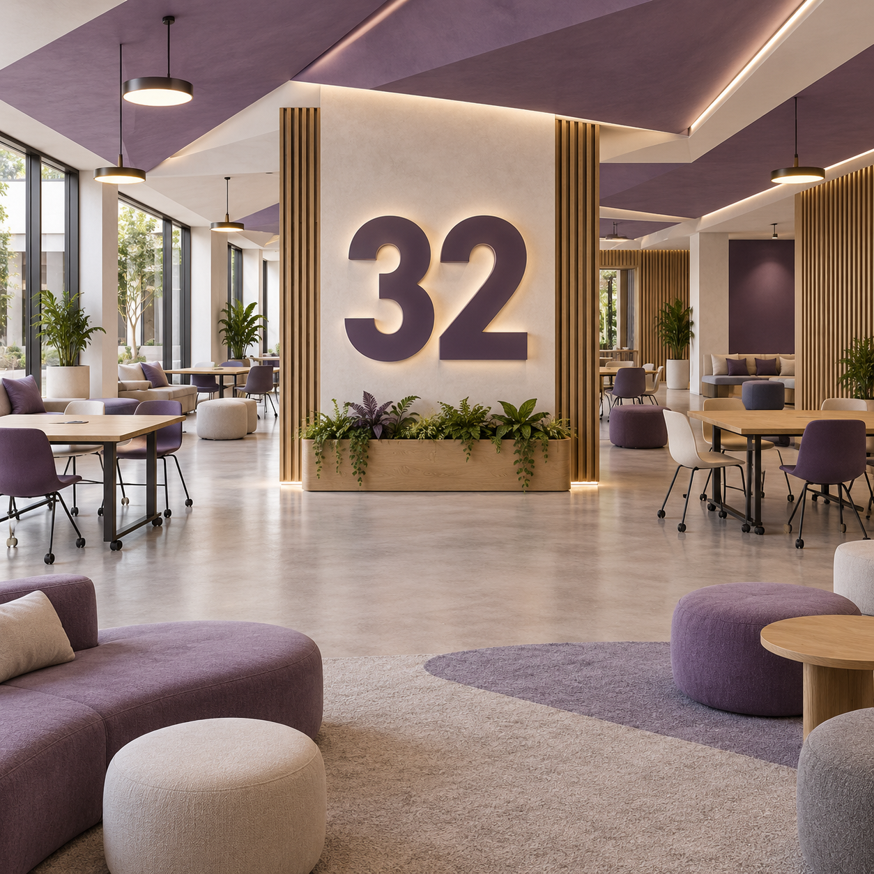 Multipurpose campus interior with a large 32 numeral.