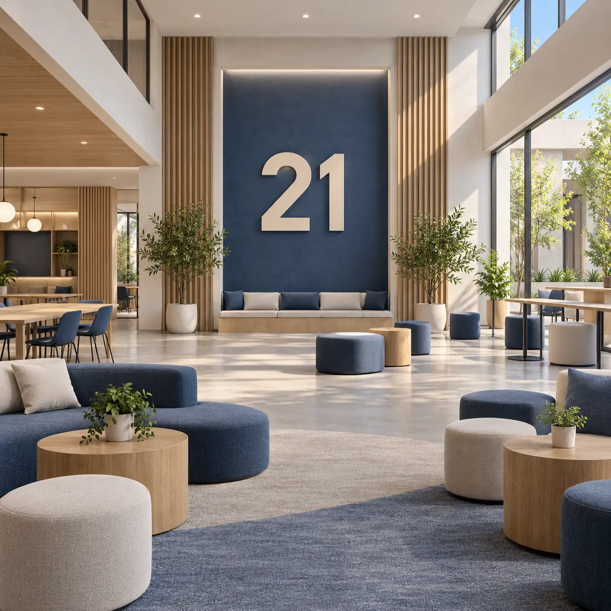 Multipurpose campus interior with a large 21 numeral.