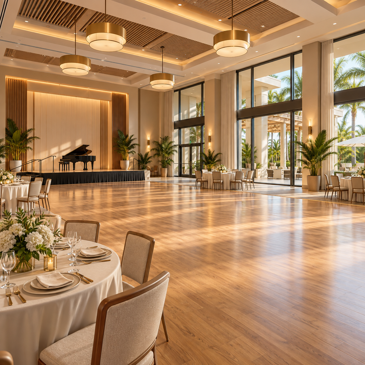 Ballroom concept art: a warm hall with a wood floor, a piano on a small stage, dining tables, and tall windows.