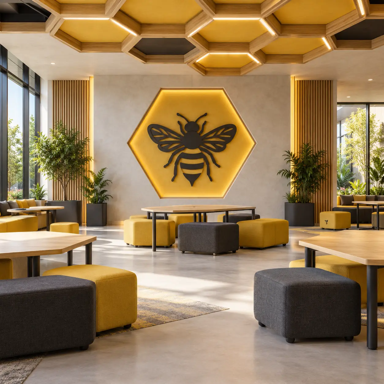Honey Bee House concept interior with a central identifying emblem.