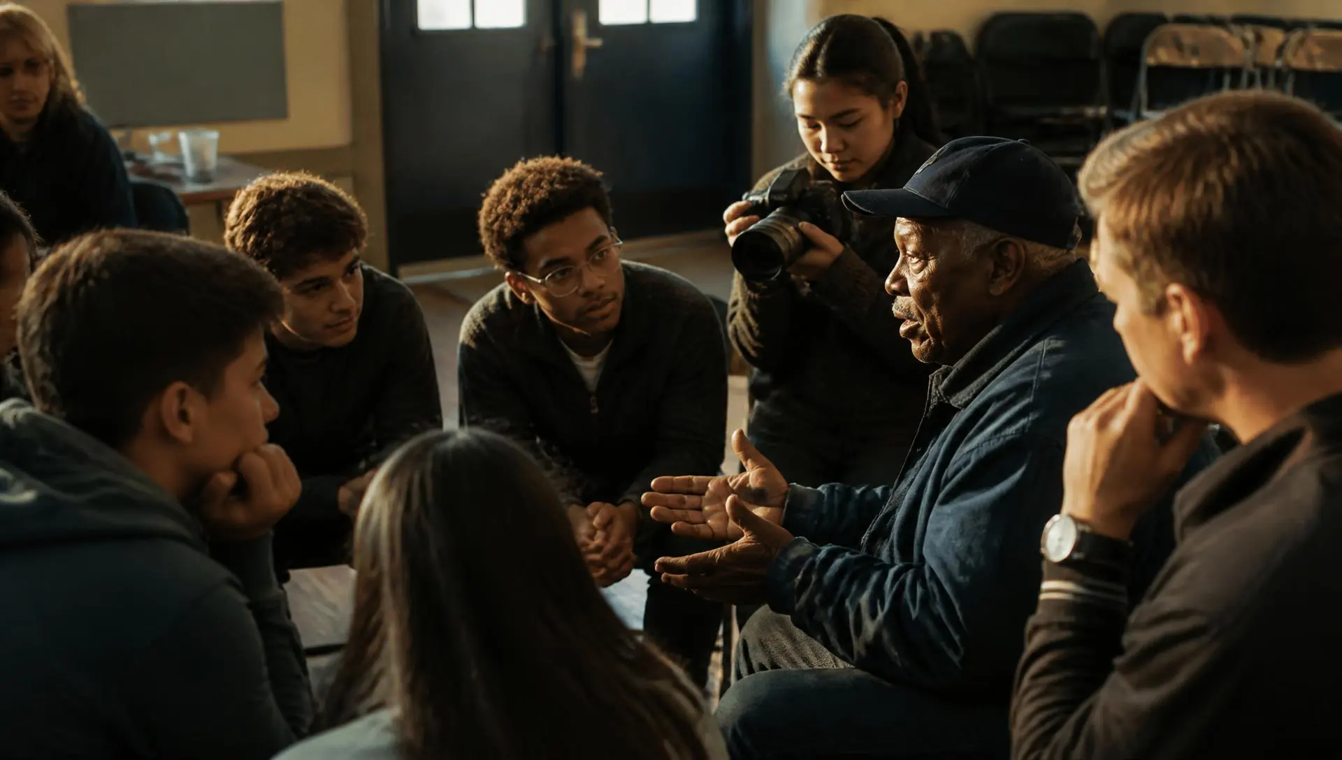 An intergenerational group in conversation for Project AmeriXa