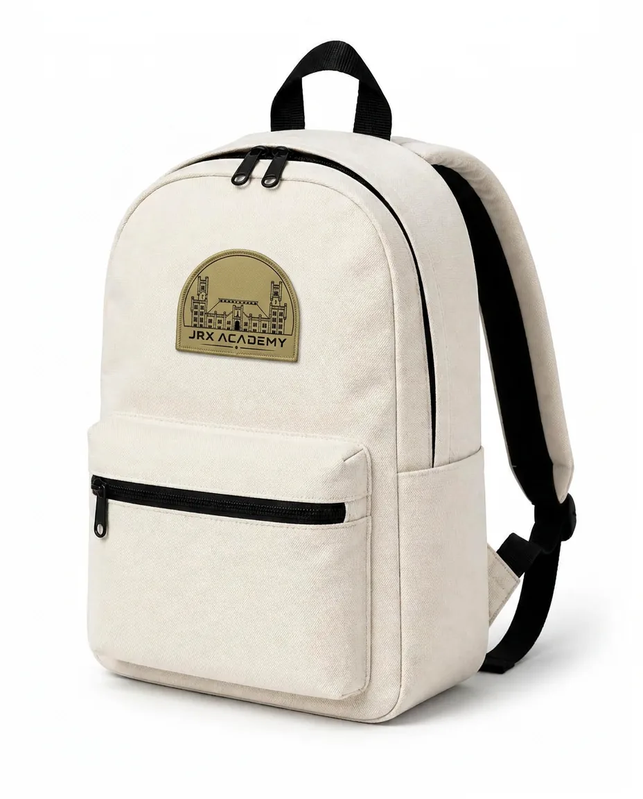 Bone canvas daypack mock-up with a JRX Academy patch