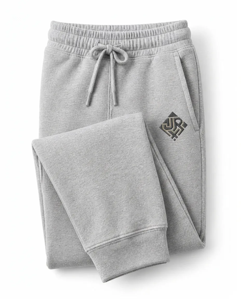 Heather-grey fleece sweatpants mock-up with a small JRX patch