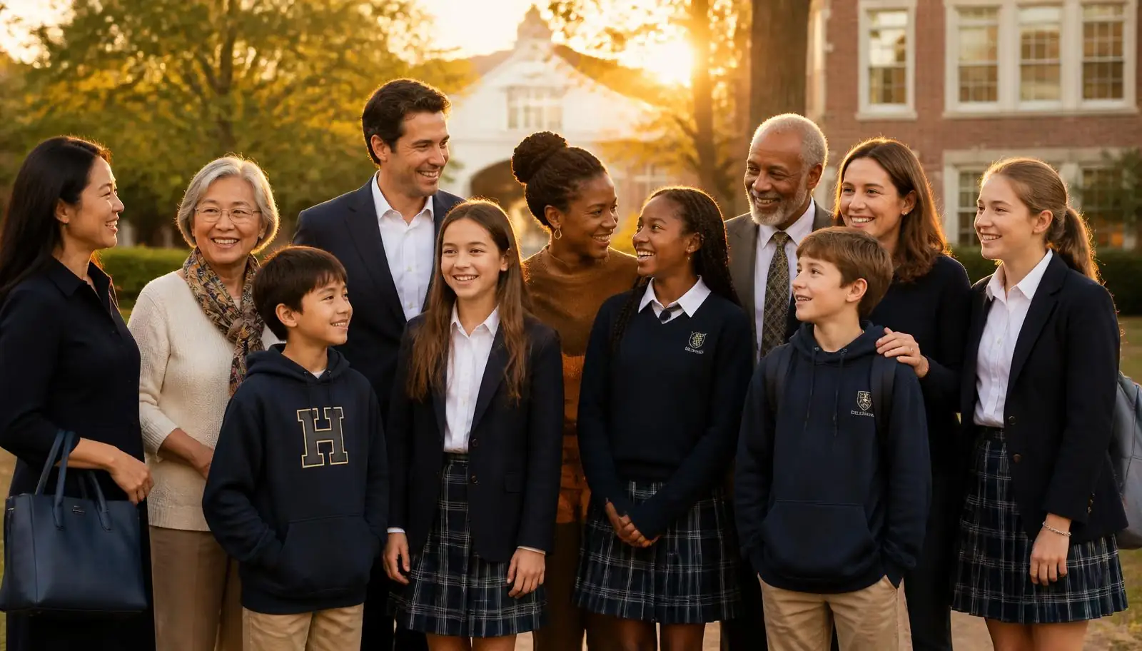 Students, parents, and grandparents standing together on the JRX Academy campus at golden hour